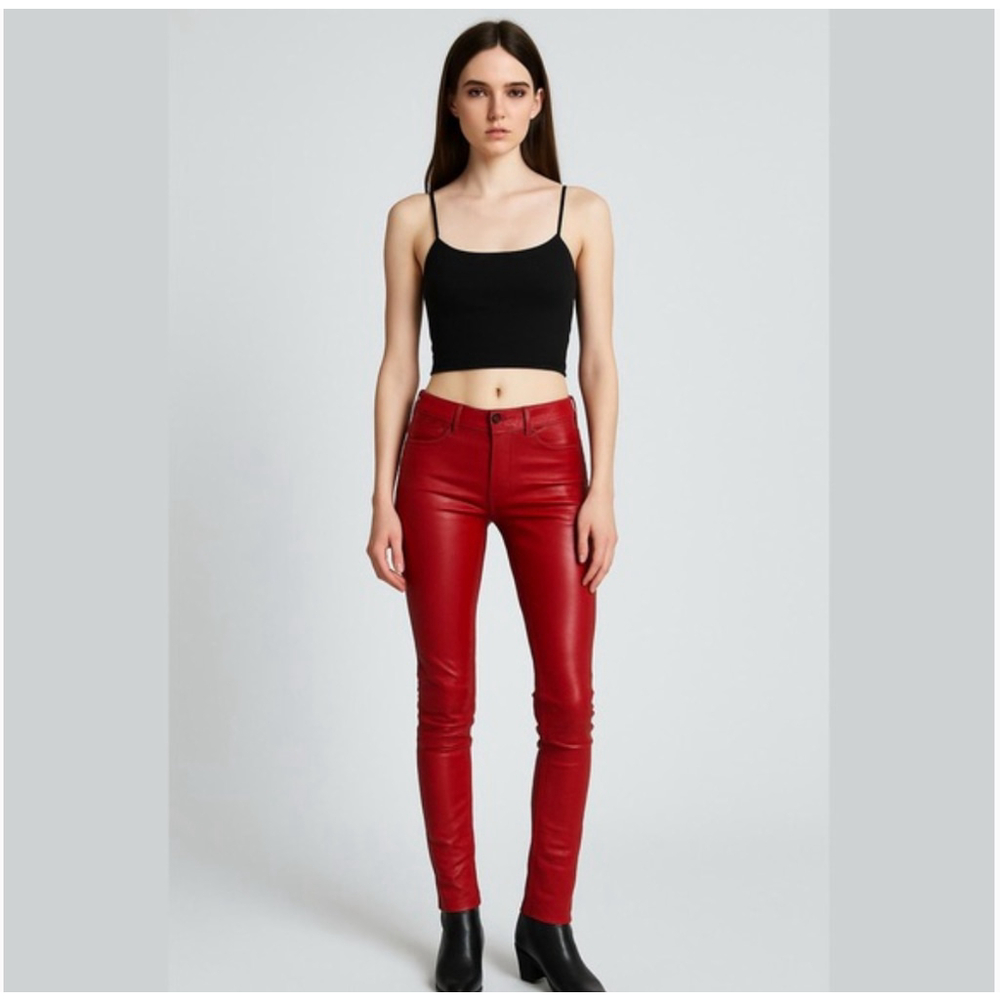 * Danier Red Leather Low Rise Slim Straight Pants Size 4